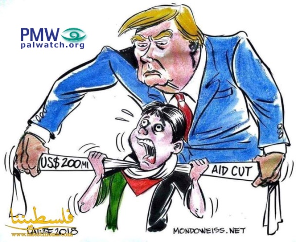 Trump depicted as strangling a Palestinian boy with aid cuts in Fatah cartoon
