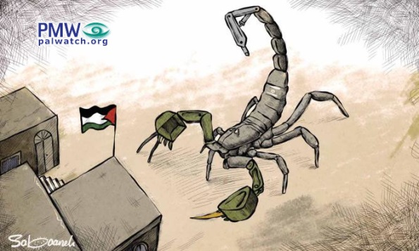 Israel depicted as house-demolishing scorpion in PA daily cartoon