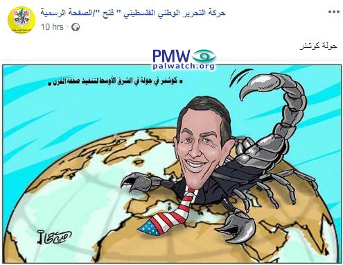 Presidential advisor Jared Kushner depicted as scorpion scuttling across the globe on Fatah Facebook page